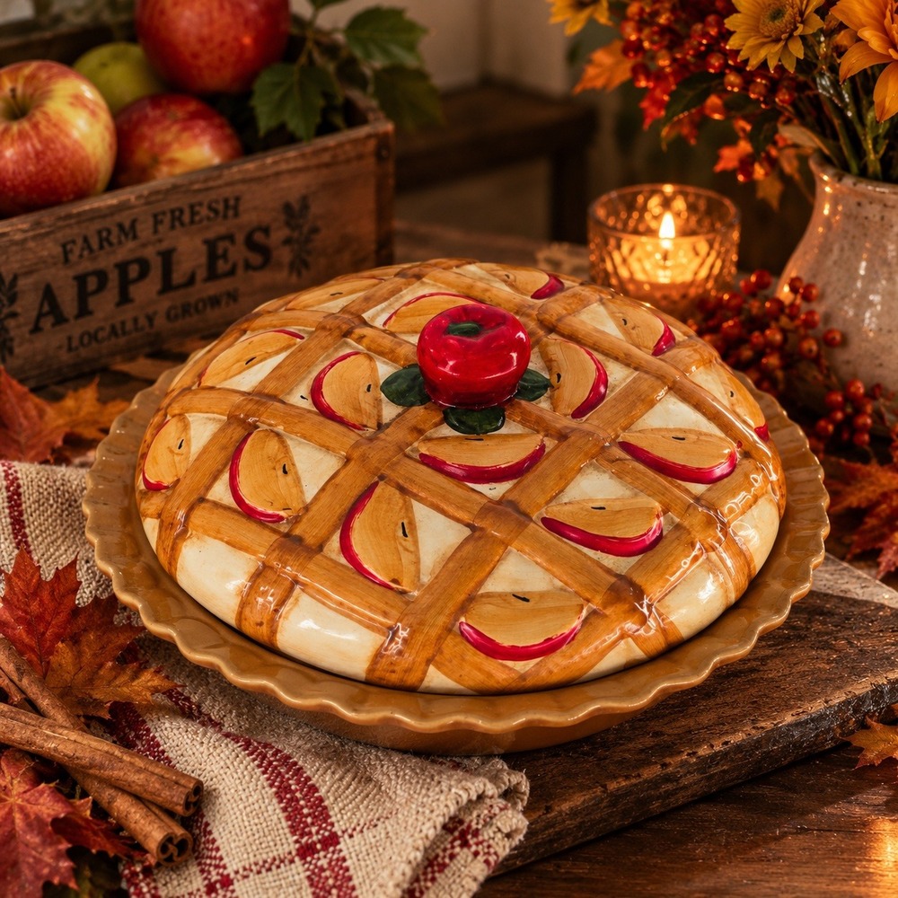 Vintage Apple Pie Keeper Ceramic Covered Dish Lattice Crust Fall Kitchen Decor